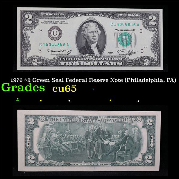 1976 $2 Green Seal Federal Reseve Note (Philadelphia, PA) Grades Gem CU