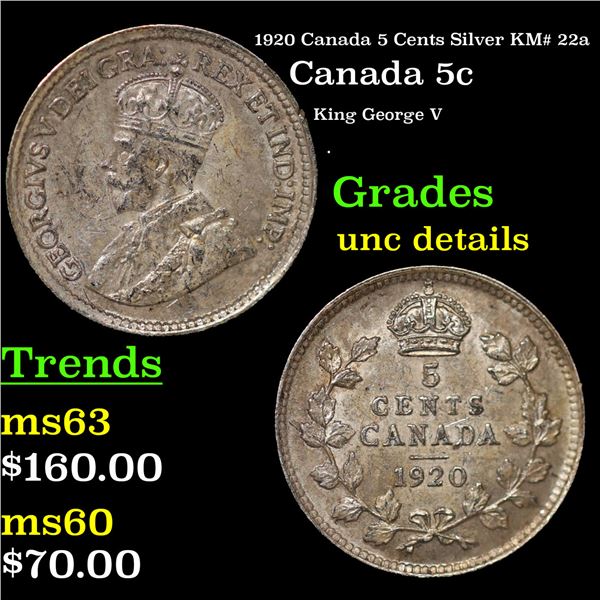 1920 Canada 5 Cents Silver KM# 22a Grades Unc Details