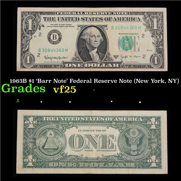 1963B $1 'Barr Note' Federal Reserve Note (New York, NY) Grades vf+