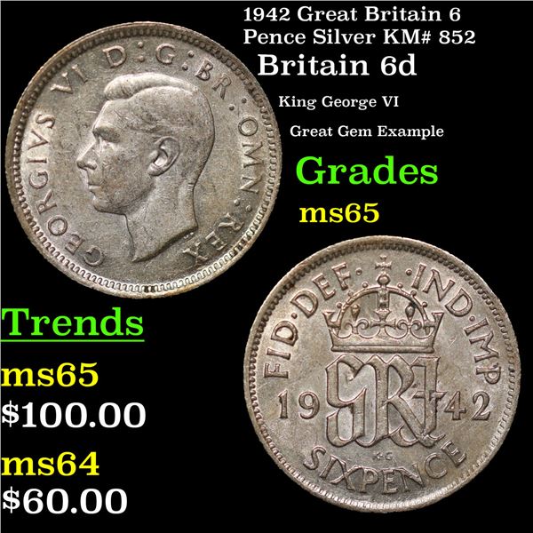 1942 Great Britain 6 Pence Silver KM# 852 Grades GEM Unc
