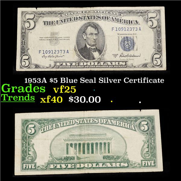 1953A $5 Blue Seal Silver Certificate Grades vf+