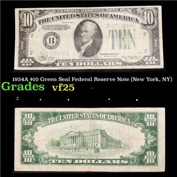 1934A $10 Green Seal Federal Reserve Note (New York, NY) Grades vf+