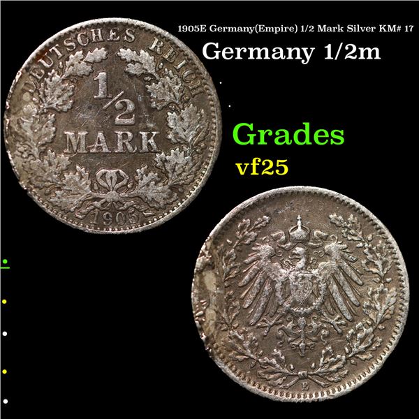 1905E Germany(Empire) 1/2 Mark Silver KM# 17 Grades vf+