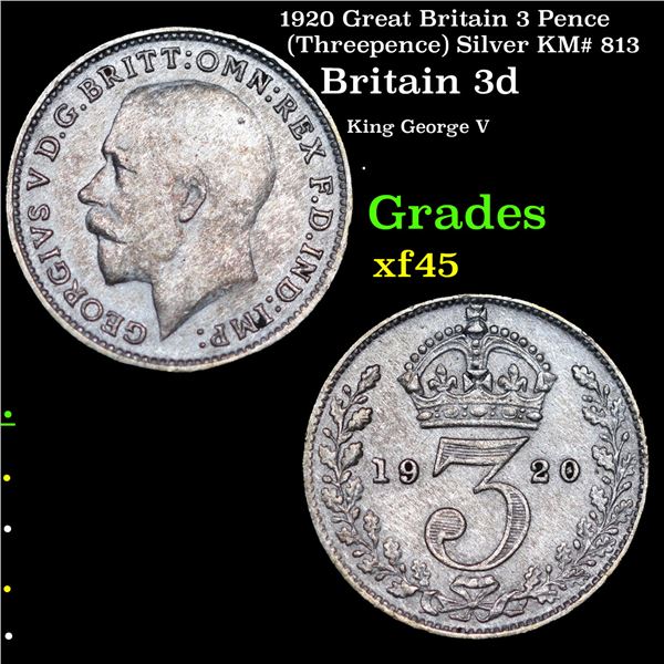 1920 Great Britain 3 Pence (Threepence) Silver KM# 813 Grades xf+