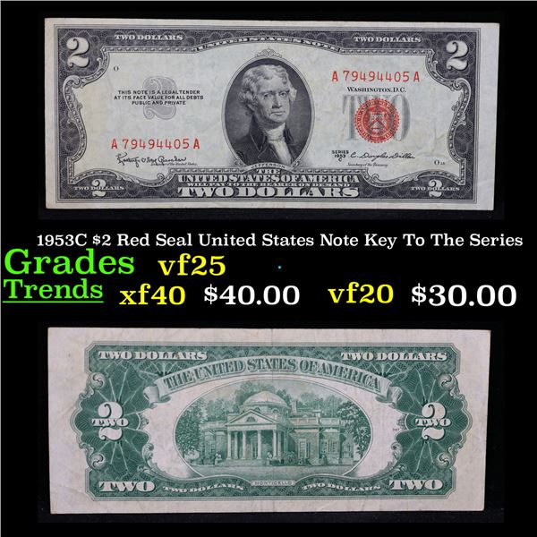 1953C $2 Red Seal United States Note Key To The Series Grades vf+