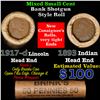 Image 1 : Mixed small cents 1c orig shotgun roll, 1917-d Wheat Cent, 1893 Indian Cent other end, Brinks Wrappe