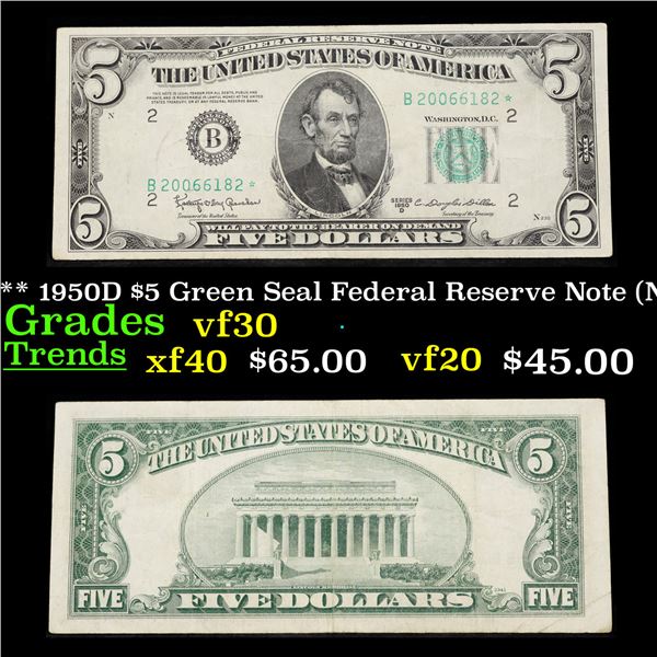 **Star Note** 1950D $5 Green Seal Federal Reserve Note (New York, NY) Grades vf++