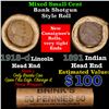 Image 1 : Mixed small cents 1c orig shotgun roll, 1918-d Wheat Cent, 1891 Indian Cent other end, Brinks Wrappe