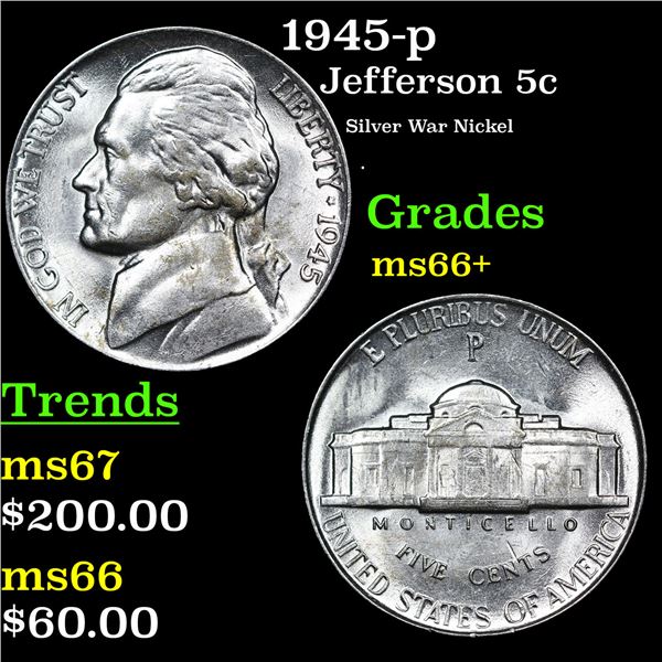 1945-p Jefferson Nickel 5c Grades GEM++ Unc