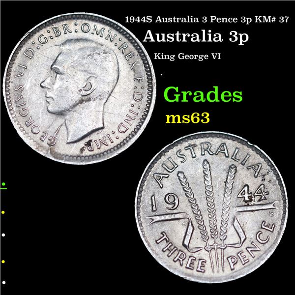 1944S Australia 3 Pence 3p KM# 37 Grades Select Unc