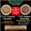 Image 1 : Mixed small cents 1c orig shotgun roll, 1919-d Wheat Cent, 1863 Indian Cent other end, Brinks Wrappe