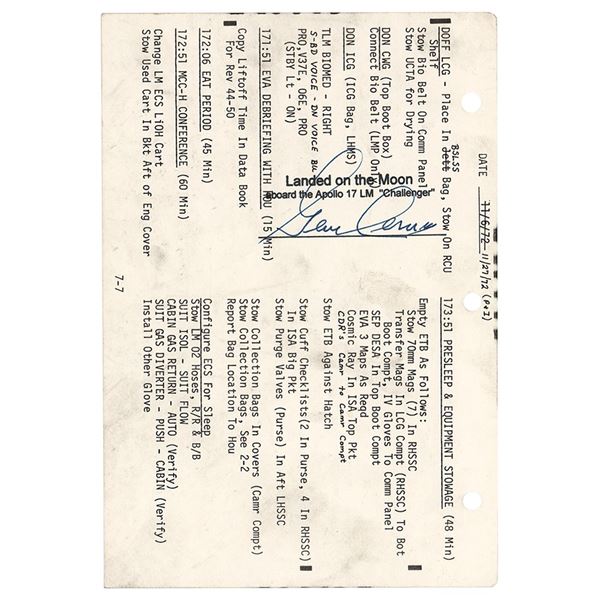 Gene Cernan's Apollo 17 Lunar Surface Flown Checklist Page