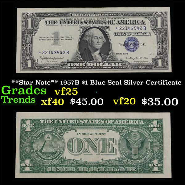 **Star Note** 1957B $1 Blue Seal Silver Certificate Grades vf  **Star Note** 1957B $1 Blue Seal Silver Certificate Grades vf