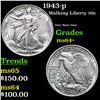 Image 1 : 1943-p Walking Liberty Half Dollar 50c Grades Choice+ Unc