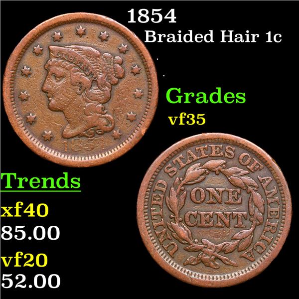 1854 Braided Hair Large Cent 1c Grades vf++