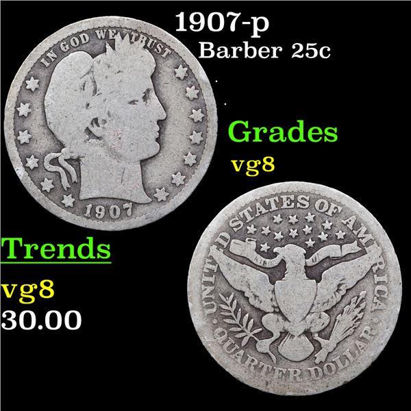 1907-p Barber Quarter 25c Grades vg, very good
