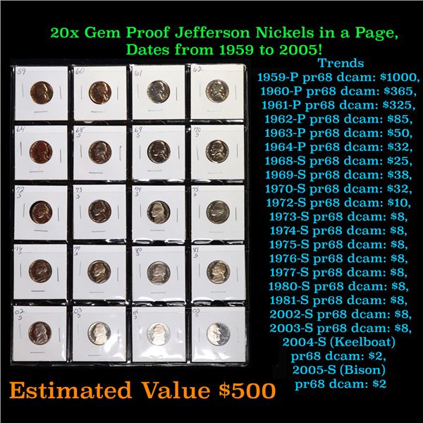 20x Proof Jefferson Nickels in a Page, Dates from 1959 to 2005! Jefferson Nickel 5c Grades Brilliant
