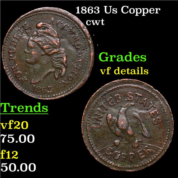 1863 Us Copper Civil War Token 1c Grades vf details