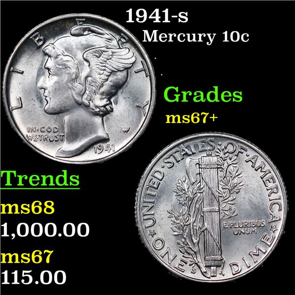 1941-s Mercury Dime 10c Graded ms67+ BY SEGS