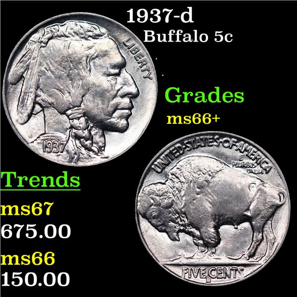 1937-d Buffalo Nickel 5c Graded ms66+ BY SEGS