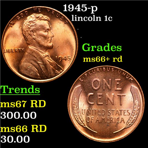 1945-p Lincoln Cent 1c Grades GEM++ RD