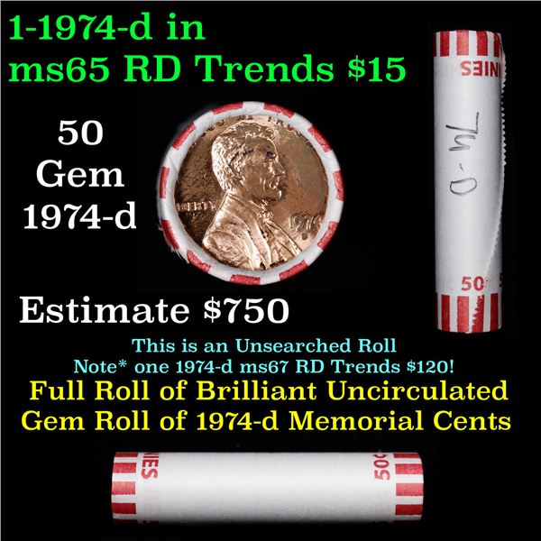 Shotgun Lincoln 1c roll, 1974-d 50 pcs Bank Wrapper.