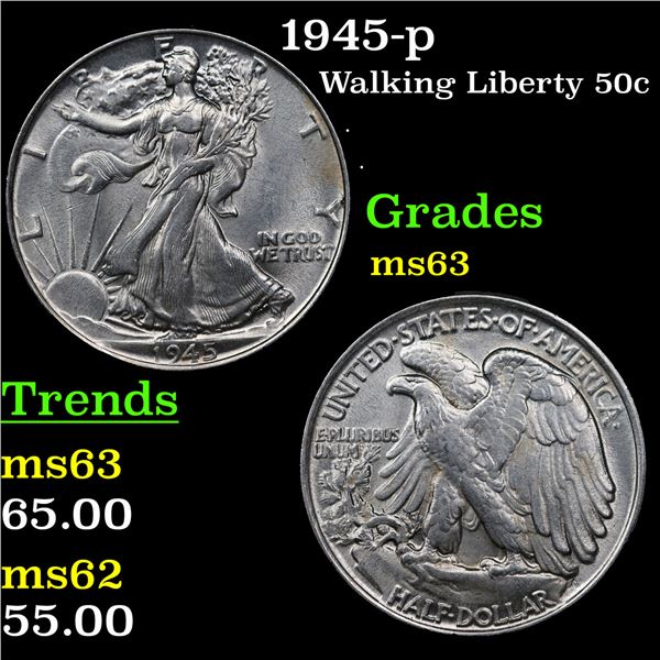 1945-p Walking Liberty Half Dollar 50c Grades Select Unc