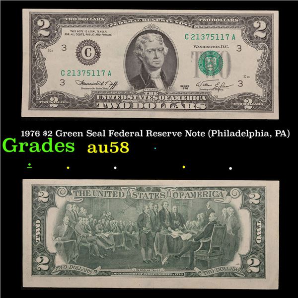 1976 $2 Green Seal Federal Reserve Note (Philadelphia, PA) Grades Choice AU/BU Slider