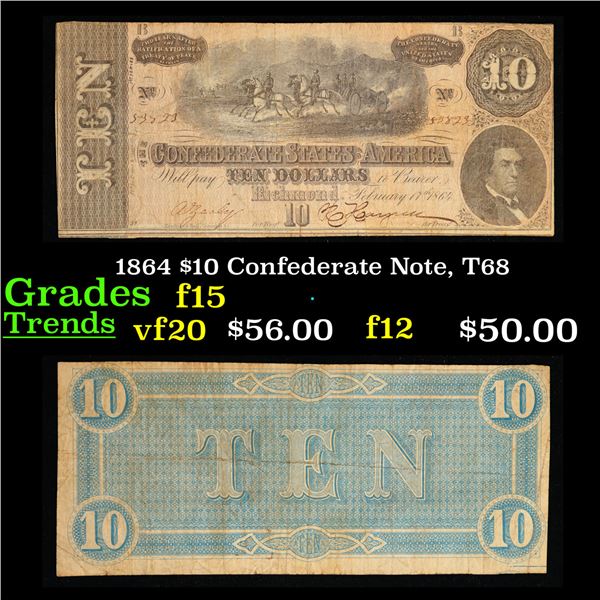 1864 $10 Confederate Note, T68 Grades f+