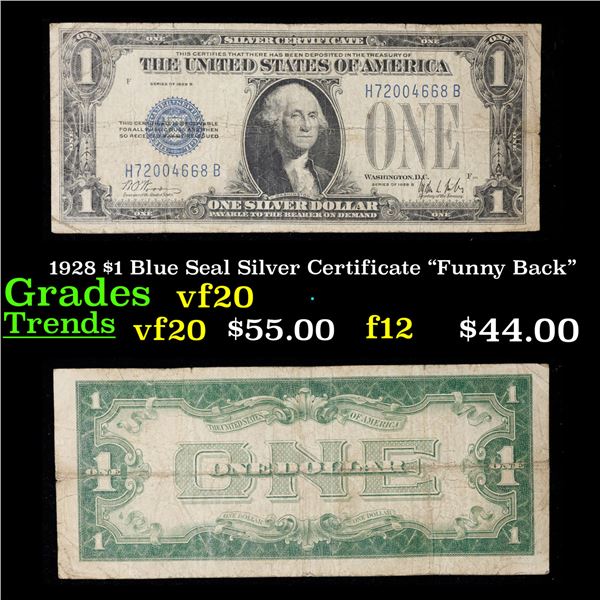 1928B $1 Blue Seal Silver Certificate "Funny Back" Grades vf, very fine