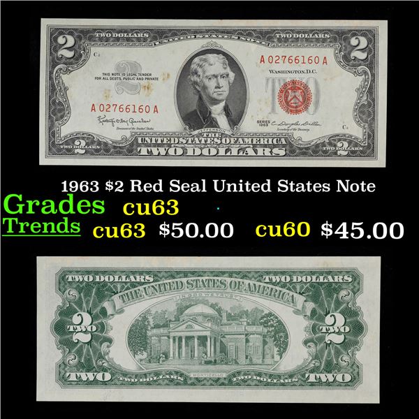 1963 $2 Red Seal United States Note Grades Select CU
