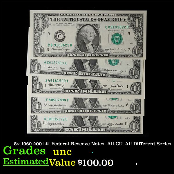 5x 1969-2001 $1 Federal Reserve Notes, All CU, All Different Series Grades Brilliant Uncirculated