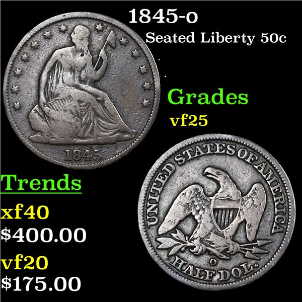 1845-o Seated Half Dollar 50c Grades vf+