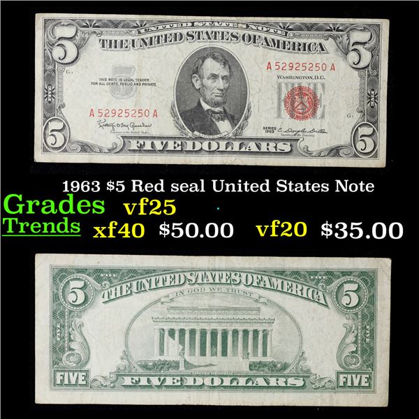 1963 $5 Red seal United States Note Grades vf+