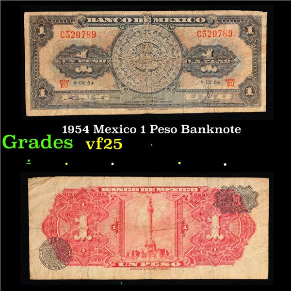 1954 Mexico 1 Peso Banknote Grades vf+