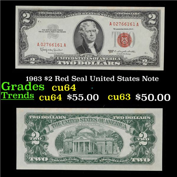 1963 $2 Red Seal United States Note Grades Choice CU