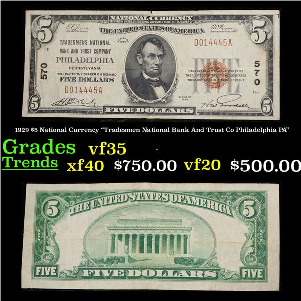 1929 $5 National Currency "Tradesmen National Bank And Trust Co Philadelphia PA" Grades vf++