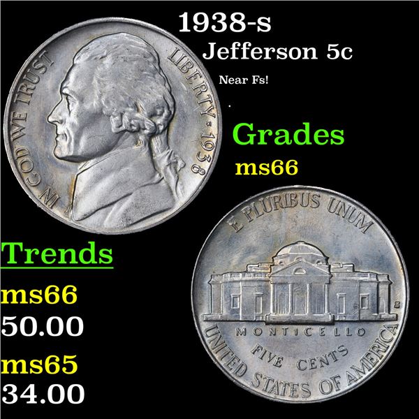 1938-s Jefferson Nickel 5c Grades GEM+ Unc