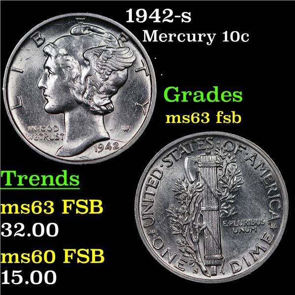 1942-s Mercury Dime 10c Grades Select Unc FSB