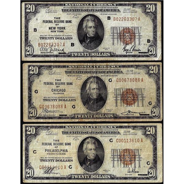 Lot of (3) 1929 $20 Federal Reserve Bank Notes