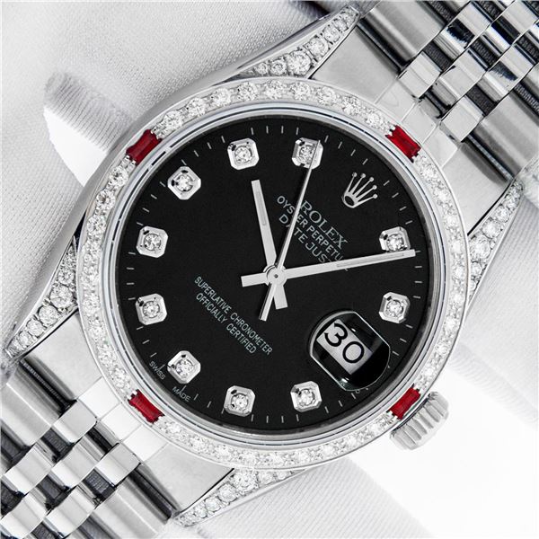 Rolex Men's Stainless Steel Diamond and Ruby Datejust Wristwatch with Rolex Box