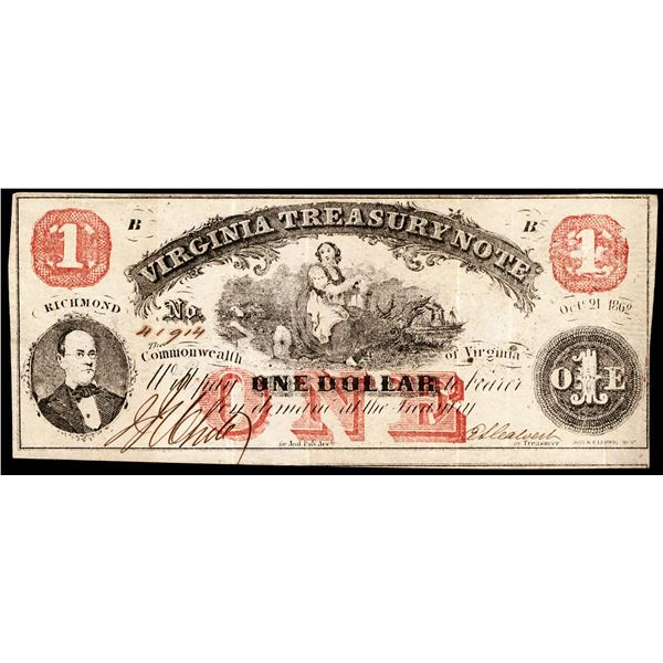 1862 $1 The Commonwealth of Virginia Treasury Richmond Obsolete Note