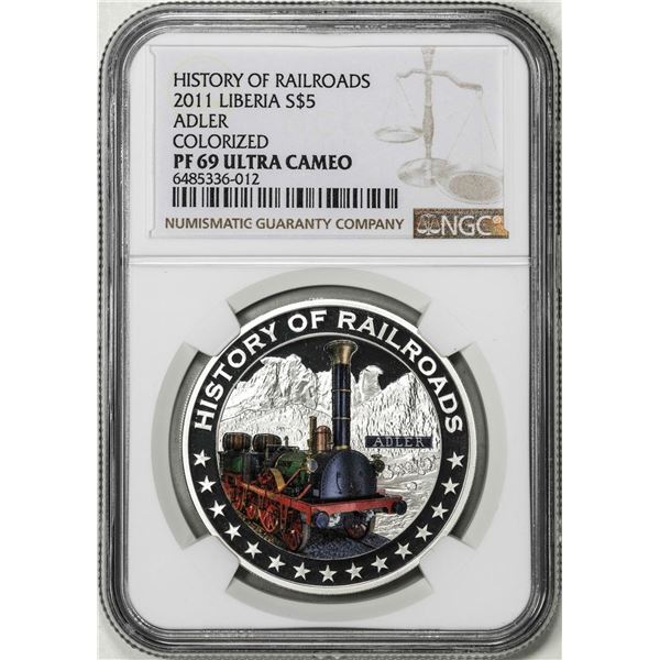 2011 Liberia $5 History of Railroads Adler Proof Silver Coin NGC PF69 Ultra Cameo