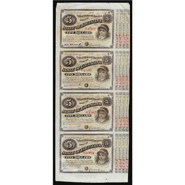 Uncut Sheet of (4) State of Louisiana Baby Bond Obsolete Notes