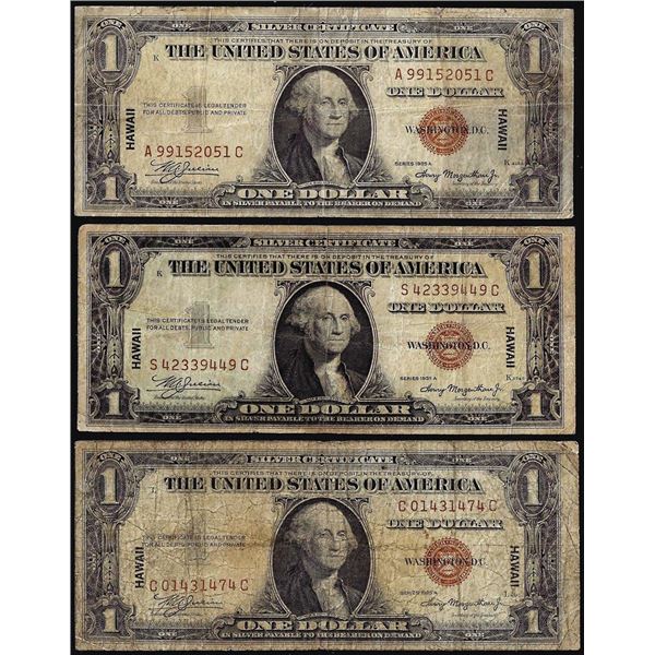 Lot of (3) 1935A $1 Hawaii WWII Emergency Issue Silver Certificate Notes