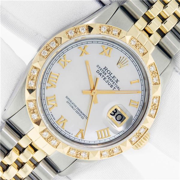 Rolex Men's Two Tone Mother of Pearl Pyramid Diamond Datejust Wristwatch