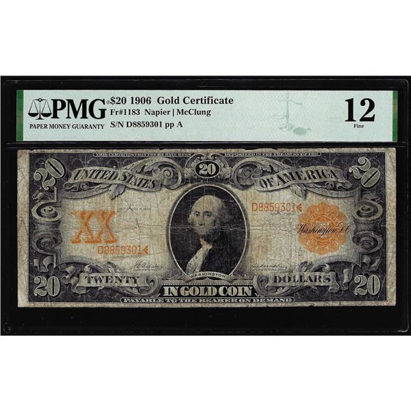 1906 $20 Gold Certificate Note Fr.1183 PMG Fine 12