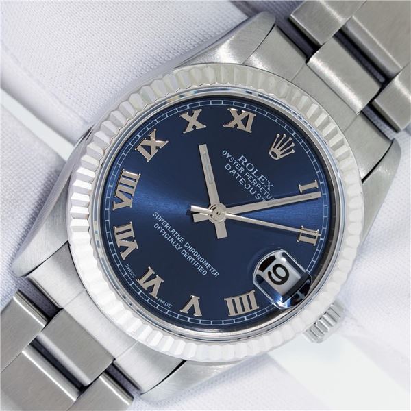 Rolex Ladies Stainless Steel Factory Blue Roman Datejust Wristwatch with Oyster Band