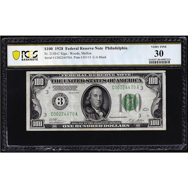 1928 $100 Federal Reserve Note Philadelphia Fr.2150-C PCGS Very Fine 30