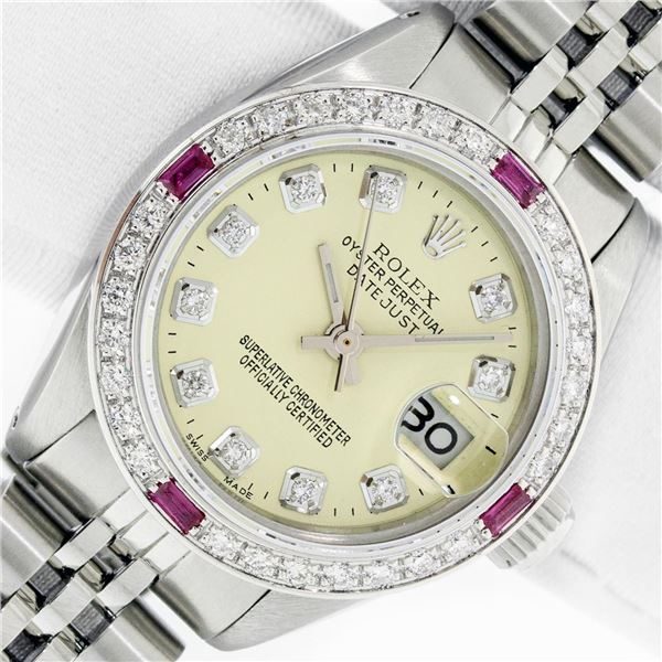 Rolex Ladies Stainless Steel Yellow Diamond & Ruby Datejust Wristwatch